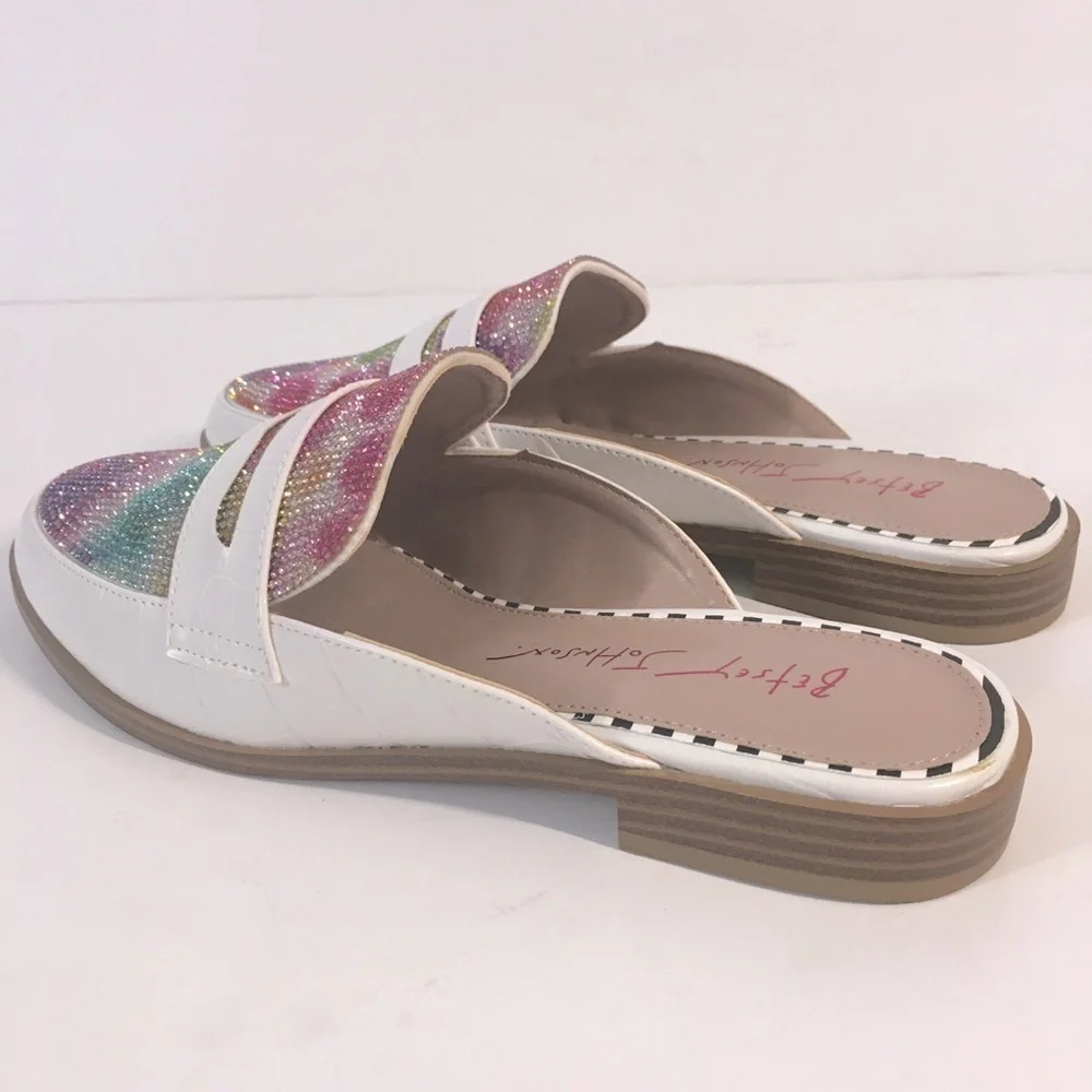 NEW Betsy Johnson Rainbow Rhinestone white loafer mule